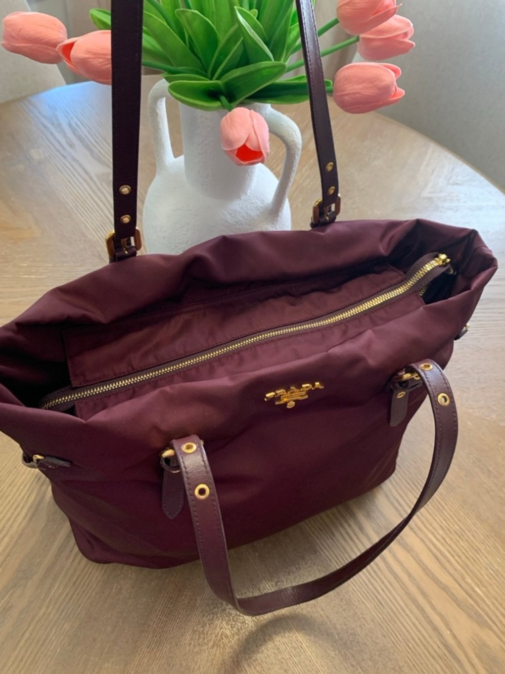 Prada Burgundy Nylon Tote with Gold-Tone Logo~Certificate Of Authenticity - Picture 2 of 13